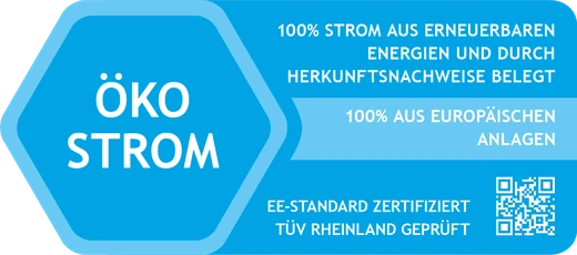 Ökostrom-Siegel: 100 % Strom aus erneuerbaren Energien, EE-Standard zertifiziert, TÜV Rheinland geprüft